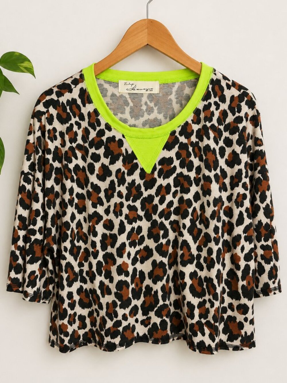 intage Havana Leopard Print Top | Neon Green Trim | Medium